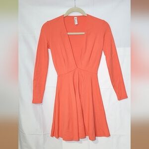 American Apparel, Size Small, Coral V Neck Long Sleeve Skater Dress